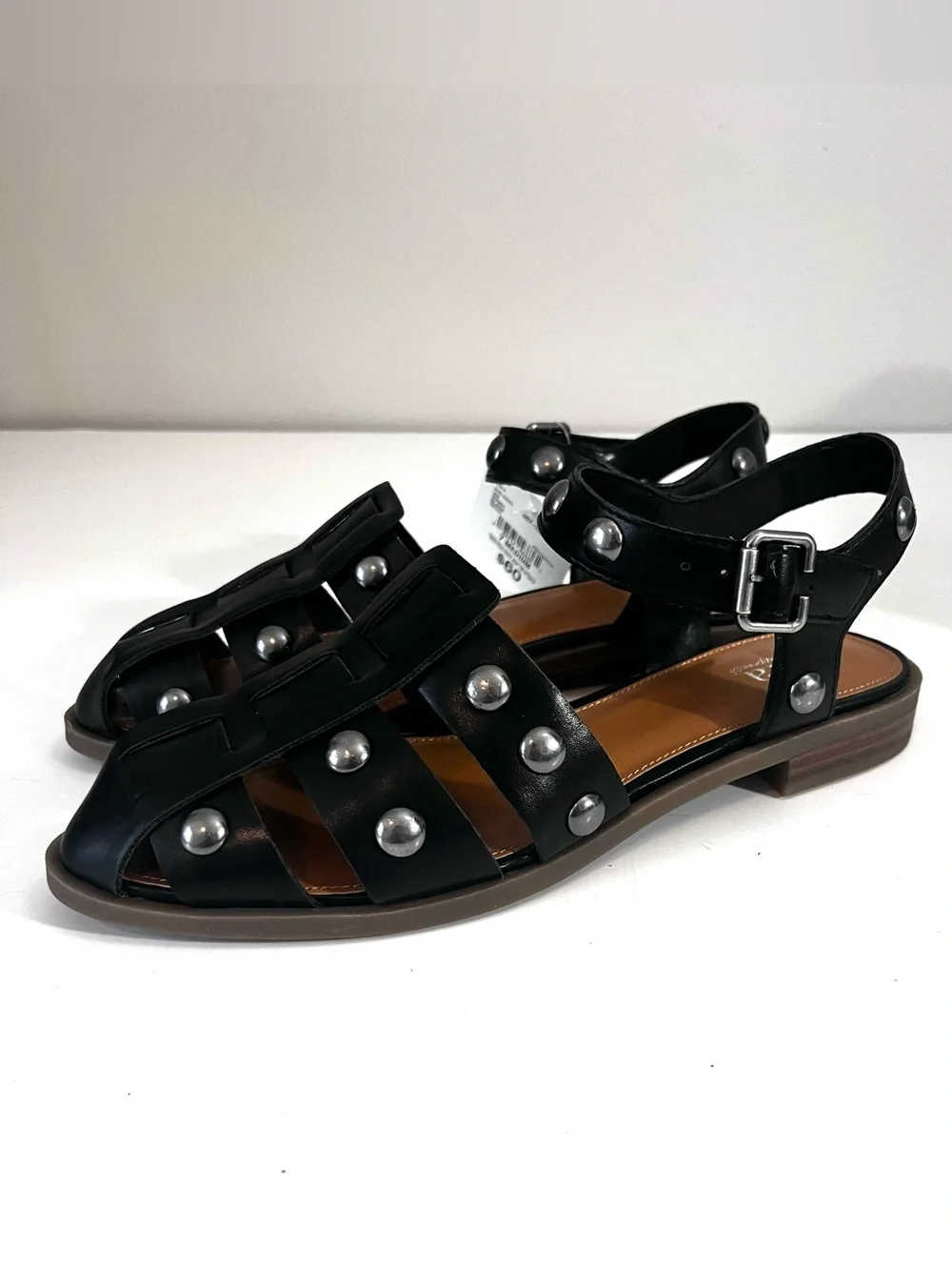 A.N.A. Black Studded Faux Leather Slingback Fisherman Sandals Flat Heel Women 7M